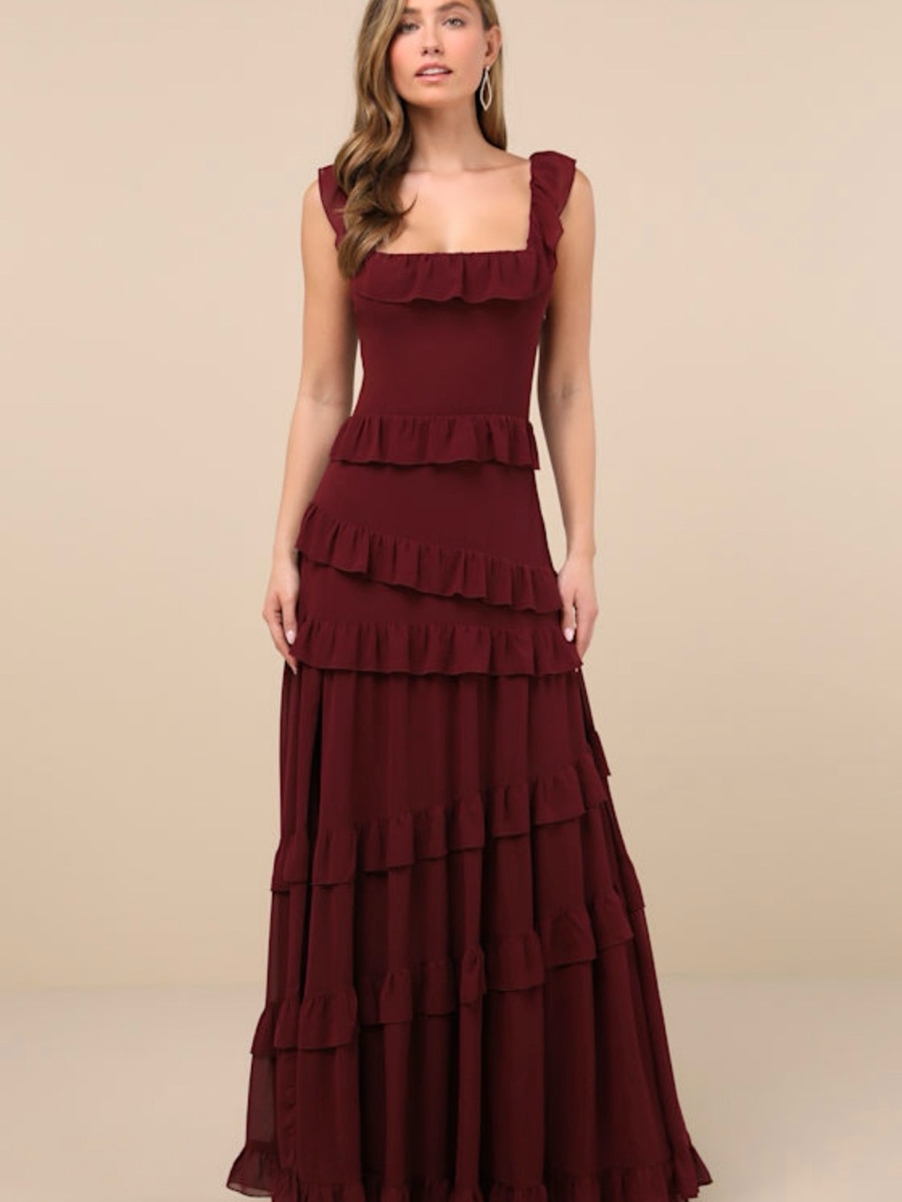 Lulu's Burgundy Ruffled Maxi Dress